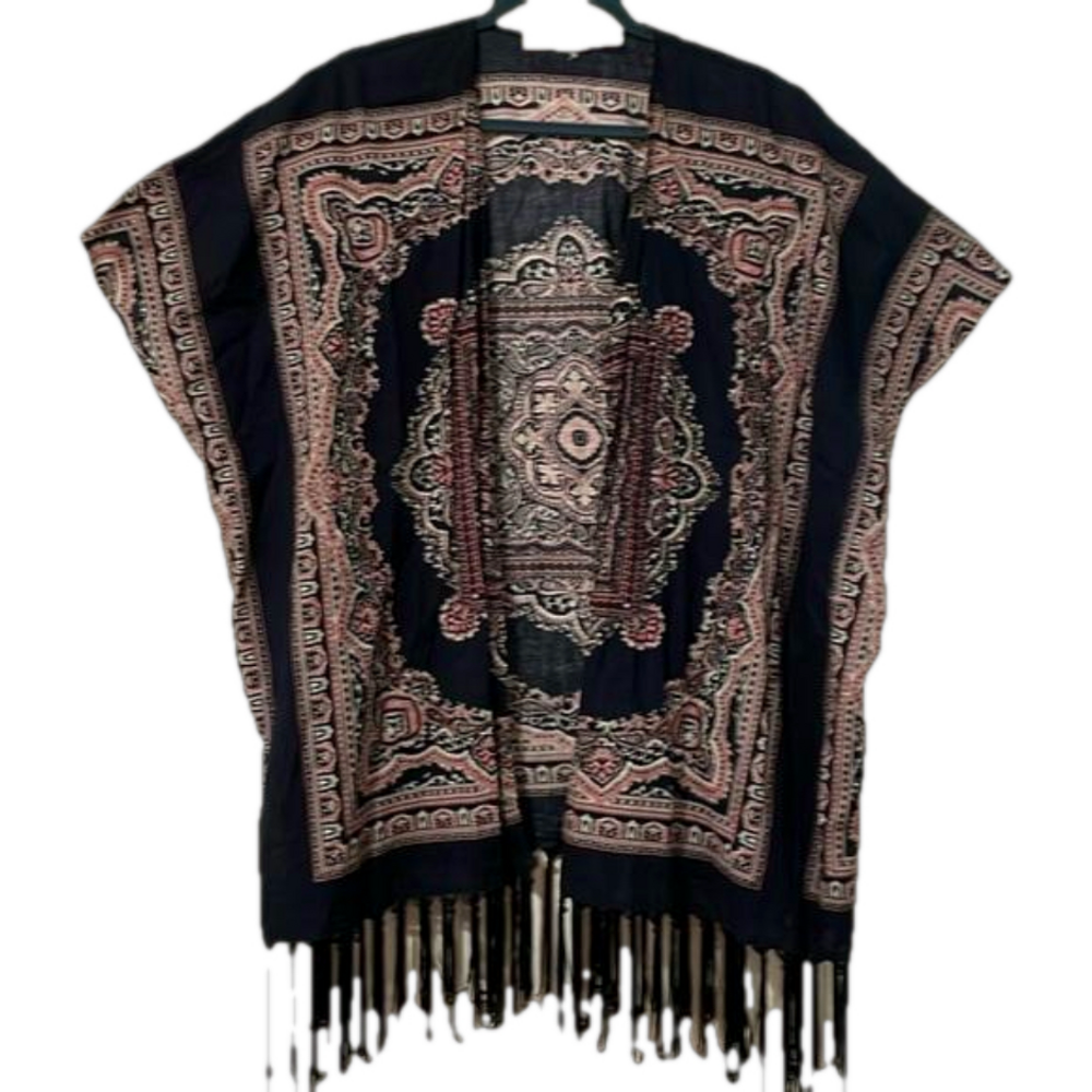 Blu Pepper Shawl Kimono Beach Coverup Navy Paisley size M. J6